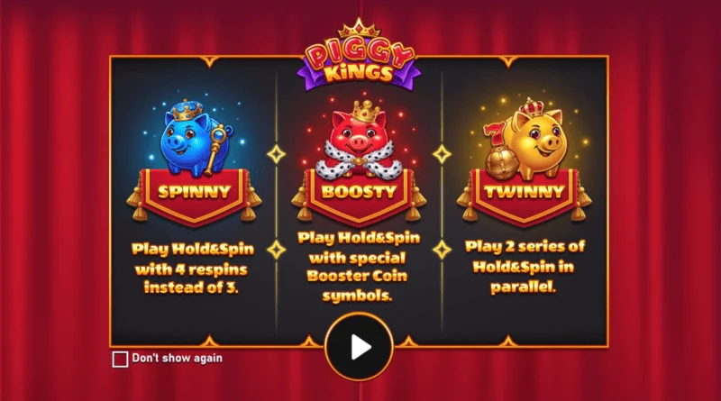 Piggy Kings - მთავარი ეკრანი სამი გოჭით და ბარაბნებით